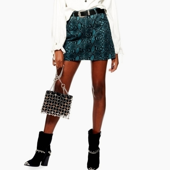 Topshop Teal‎ Snake Print Denim Mini Skirt Size 8 - Picture 1 of 6